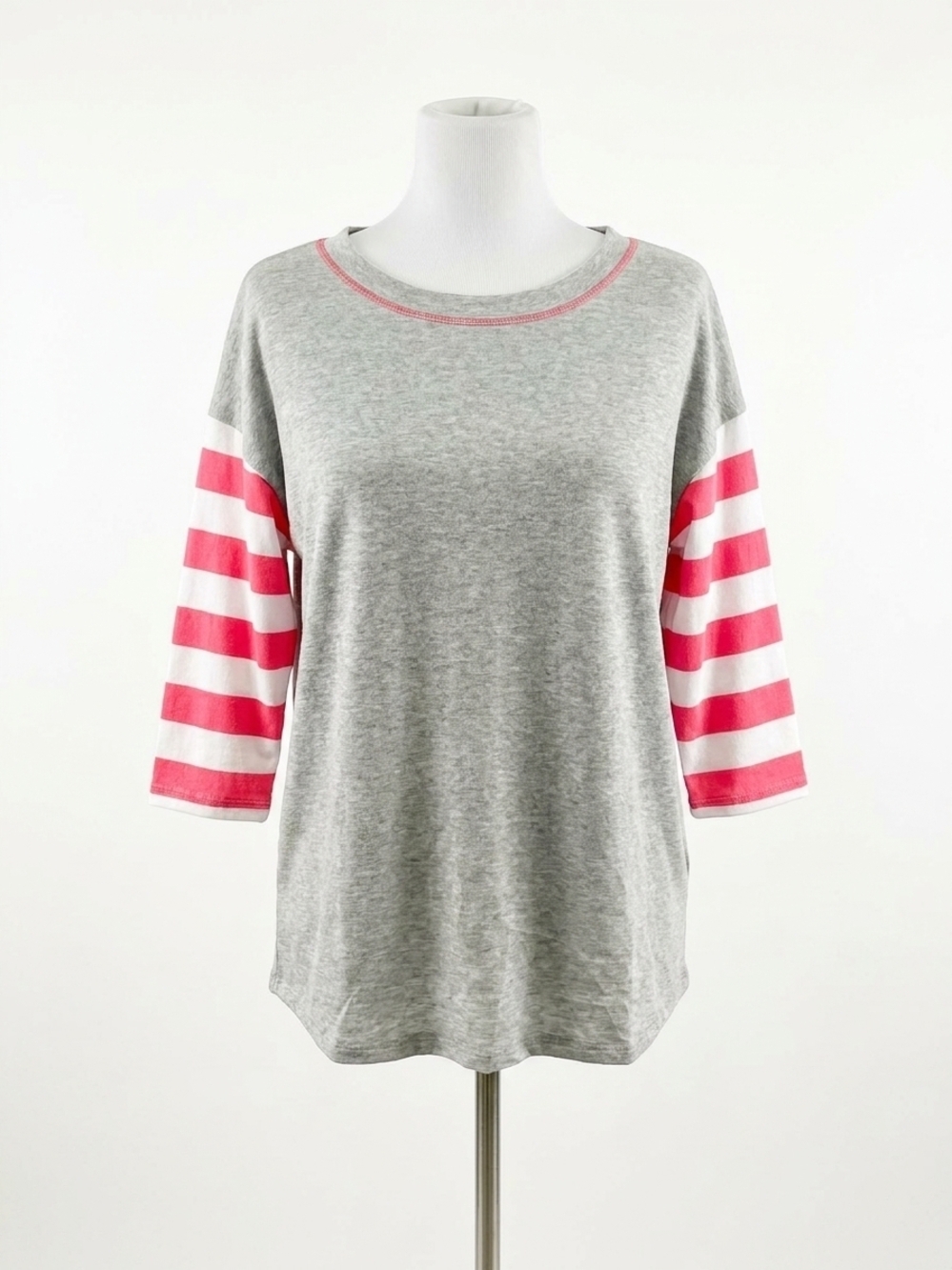 NEW HONEYME 3/4 sleeve stripe tee in grey/pink